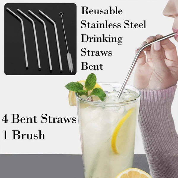 Reusable Stainless Steel Drinking Straws Bent (4 Bent Straws, 1 Brush)