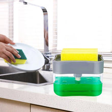 Soap dispenser with durable design and sponge holder.