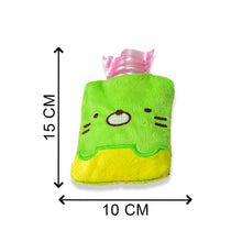 Small hot water bag with green Kitty design for various pains