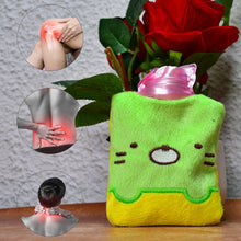 Hot water bag with green Kitty design for pain relief and menstrual cramps