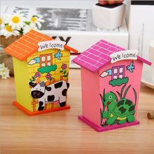 Wooden piggy bank with cute house shape